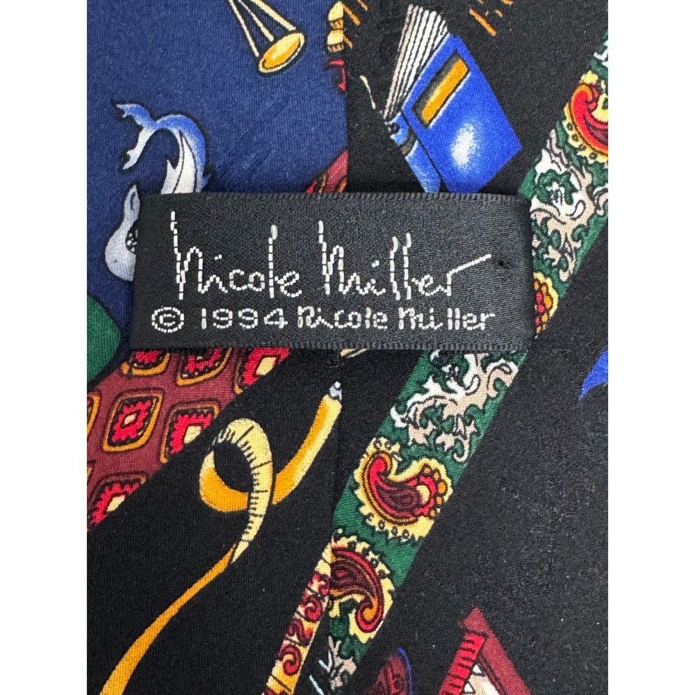 Nicole Miller 1994 Vintage Law Legal Theme Silk Necktie Navy Black Shark Gavel - Picture 5 of 7